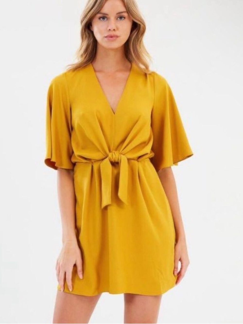 Black tape medium gold mustard yellow front tie dress bell sleeve fall V-neck